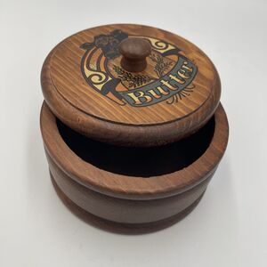 Cracker Barrel Round Carved Wood Lidded Butter Dish 2 Pc Kitchen Decor Dairy Cow